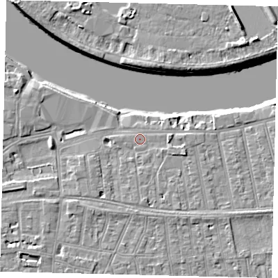 Shaded relief map of the ground around SW148HP, computed from Environment Agency LiDAR. The ground here sits at about 5 m above sea level and falls 9 m across the surrounding 800 m. Surface water reaching this point runs off ground lying to the east-south-east, 2.2 m higher.