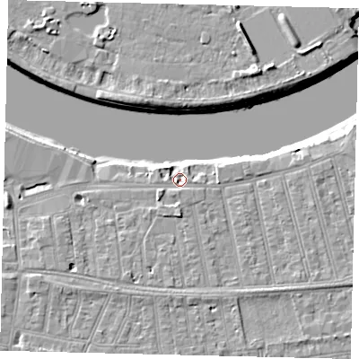Shaded relief map of the ground around SW148HQ, computed from Environment Agency LiDAR. The ground here sits at about 4 m above sea level and falls 9 m across the surrounding 800 m. Surface water reaching this point runs off ground lying to the east, 2.9 m higher.