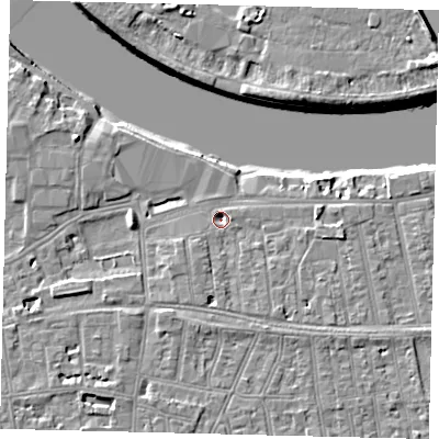 Shaded relief map of the ground around SW148HR, computed from Environment Agency LiDAR. The ground here sits at about 4 m above sea level and falls 9 m across the surrounding 800 m. Surface water reaching this point runs off ground lying to the east, 2.2 m higher.