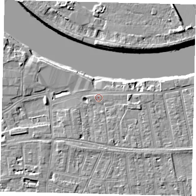 Shaded relief map of the ground around SW148HT, computed from Environment Agency LiDAR. The ground here sits at about 5 m above sea level and falls 9 m across the surrounding 800 m. Surface water reaching this point runs off ground lying to the east-south-east, 2.5 m higher.