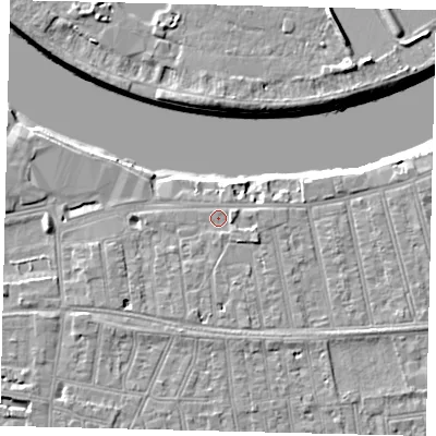 Shaded relief map of the ground around SW148HW, computed from Environment Agency LiDAR. The ground here sits at about 5 m above sea level and falls 9 m across the surrounding 800 m. Surface water reaching this point runs off ground lying to the east-south-east, 2.2 m higher.