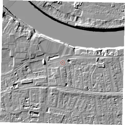 Shaded relief map of the ground around SW148HX, computed from Environment Agency LiDAR. The ground here sits at about 6 m above sea level and falls 10 m across the surrounding 800 m. Surface water reaching this point runs off ground lying to the south, 1.4 m higher.