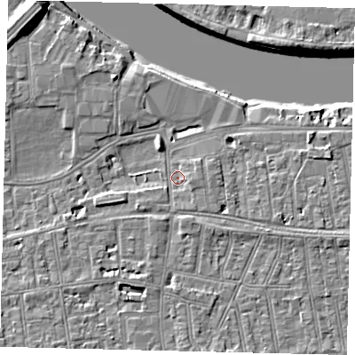 Shaded relief map of the ground around SW148HY, computed from Environment Agency LiDAR. The ground here sits at about 5 m above sea level and falls 10 m across the surrounding 800 m. Surface water reaching this point runs off ground lying to the east-south-east, 1.7 m higher.