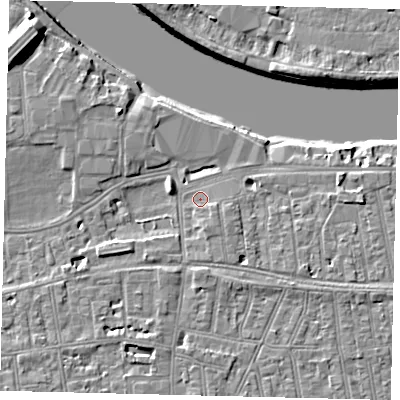 Shaded relief map of the ground around SW148JB, computed from Environment Agency LiDAR. The ground here sits at about 5 m above sea level and falls 10 m across the surrounding 800 m. Surface water reaching this point runs off ground lying to the east-south-east, 1.5 m higher.