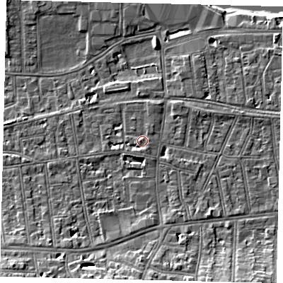 Shaded relief map of the ground around SW148LH, computed from Environment Agency LiDAR. The ground here sits at about 7 m above sea level and falls 11 m across the surrounding 800 m. Surface water reaching this point runs off ground lying to the south-south-east, 1.7 m higher.