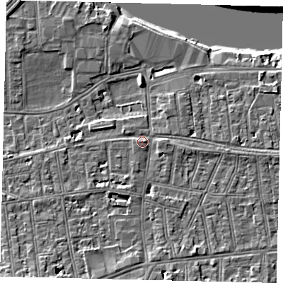 Shaded relief map of the ground around SW148LN, computed from Environment Agency LiDAR. The ground here sits at about 7 m above sea level and falls 8 m across the surrounding 800 m. Surface water reaching this point runs off ground lying to the south-south-west, 4.6 m higher.