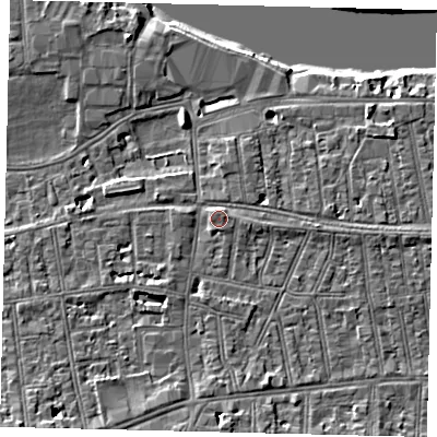 Shaded relief map of the ground around SW148ND, computed from Environment Agency LiDAR. The ground here sits at about 7 m above sea level and falls 8 m across the surrounding 800 m. Surface water reaching this point runs off ground lying to the south-west, 4.4 m higher.
