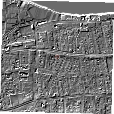 Shaded relief map of the ground around SW148NG, computed from Environment Agency LiDAR. The ground here sits at about 6 m above sea level and falls 8 m across the surrounding 800 m. Surface water reaching this point runs off ground lying to the south-south-west, 3.6 m higher.