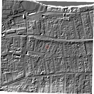 Shaded relief map of the ground around SW148NL, computed from Environment Agency LiDAR. The ground here sits at about 6 m above sea level and falls 10 m across the surrounding 800 m. Surface water reaching this point runs off ground lying to the south-south-east, 5.3 m higher.
