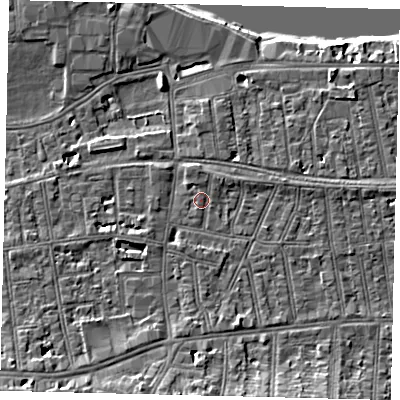 Shaded relief map of the ground around SW148NQ, computed from Environment Agency LiDAR. The ground here sits at about 6 m above sea level and falls 9 m across the surrounding 800 m. Surface water reaching this point runs off ground lying to the north, 1.0 m higher.