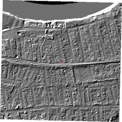 Shaded relief map of the ground around SW148PS, computed from Environment Agency LiDAR. The ground here sits at about 6 m above sea level and falls 8 m across the surrounding 800 m. Surface water reaching this point runs off ground lying to the south, 0.9 m higher.