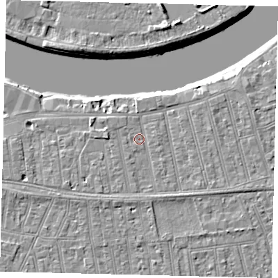 Shaded relief map of the ground around SW148PT, computed from Environment Agency LiDAR. The ground here sits at about 6 m above sea level and falls 9 m across the surrounding 800 m. Surface water reaching this point runs off ground lying to the south, 1.5 m higher.