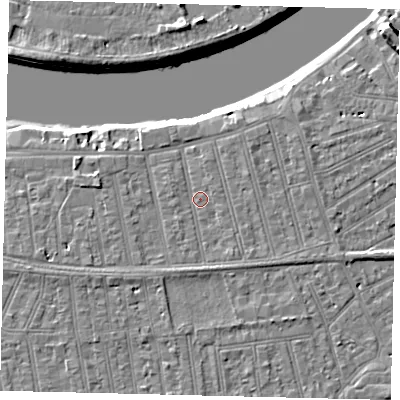 Shaded relief map of the ground around SW148PY, computed from Environment Agency LiDAR. The ground here sits at about 6 m above sea level and falls 9 m across the surrounding 800 m. Surface water reaching this point runs off ground lying to the south, 1.5 m higher.