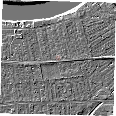 Shaded relief map of the ground around SW148QA, computed from Environment Agency LiDAR. The ground here sits at about 6 m above sea level and falls 8 m across the surrounding 800 m. Surface water reaching this point runs off ground lying to the east, 1.1 m higher.