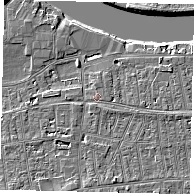 Shaded relief map of the ground around SW148QQ, computed from Environment Agency LiDAR. The ground here sits at about 6 m above sea level and falls 7 m across the surrounding 800 m. Surface water reaching this point runs off ground lying to the south-south-east, 2.7 m higher.
