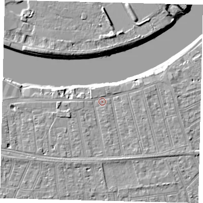 Shaded relief map of the ground around SW148SH, computed from Environment Agency LiDAR. The ground here sits at about 6 m above sea level and falls 9 m across the surrounding 800 m. Surface water reaching this point runs off ground lying to the east, 2.0 m higher.