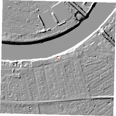 Shaded relief map of the ground around SW148SN, computed from Environment Agency LiDAR. The ground here sits at about 6 m above sea level and falls 9 m across the surrounding 800 m. Surface water reaching this point runs off ground lying to the east, 2.4 m higher.