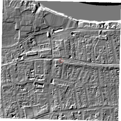 Shaded relief map of the ground around SW148TN, computed from Environment Agency LiDAR. The ground here sits at about 7 m above sea level and falls 8 m across the surrounding 800 m. Surface water reaching this point runs off ground lying to the south-east, 2.7 m higher.