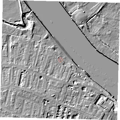 Shaded relief map of the ground around SW151JU, computed from Environment Agency LiDAR. The ground here sits at about 6 m above sea level and falls 10 m across the surrounding 800 m. Surface water reaching this point runs off ground lying to the south-south-west, 4.5 m higher.