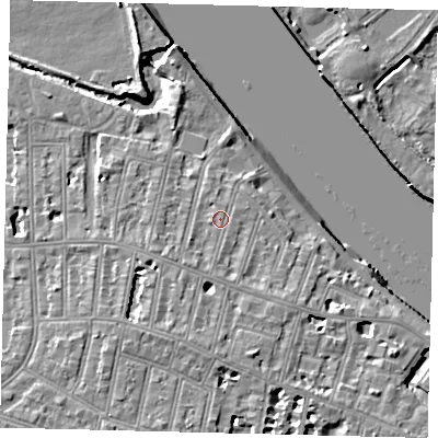 Shaded relief map of the ground around SW151LA, computed from Environment Agency LiDAR. The ground here sits at about 7 m above sea level and falls 10 m across the surrounding 800 m. Surface water reaching this point runs off ground lying to the south-south-west, 3.1 m higher.