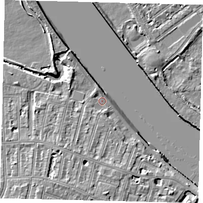 Shaded relief map of the ground around SW151LB, computed from Environment Agency LiDAR. The ground here sits at about 5 m above sea level and falls 9 m across the surrounding 800 m. Surface water reaching this point runs off ground lying to the south-south-west, 5.5 m higher.