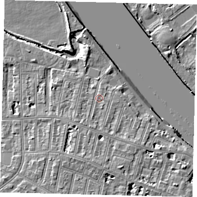 Shaded relief map of the ground around SW151LW, computed from Environment Agency LiDAR. The ground here sits at about 7 m above sea level and falls 9 m across the surrounding 800 m. Surface water reaching this point runs off ground lying to the south, 3.6 m higher.