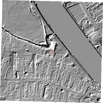 Shaded relief map of the ground around SW151NB, computed from Environment Agency LiDAR. The ground here sits at about 5 m above sea level and falls 9 m across the surrounding 800 m. Surface water reaching this point runs off ground lying to the south-west, 1.9 m higher.