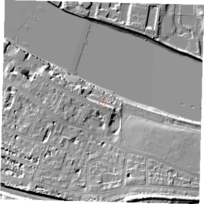 Shaded relief map of the ground around SW152NU, computed from Environment Agency LiDAR. The ground here sits at about 6 m above sea level and falls 19 m across the surrounding 800 m. Surface water reaching this point runs off ground lying to the west, 3.7 m higher.