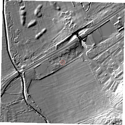 Shaded relief map of the ground around SW153DU, computed from Environment Agency LiDAR. The ground here sits at about 11 m above sea level and falls 24 m across the surrounding 800 m. Surface water reaching this point runs off ground lying to the east-south-east, 20.8 m higher.