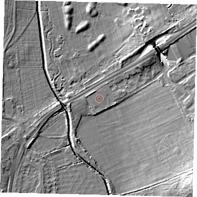 Shaded relief map of the ground around SW153DW, computed from Environment Agency LiDAR. The ground here sits at about 11 m above sea level and falls 17 m across the surrounding 800 m. The ground contributing surface water to this point lies to the north-north-east.