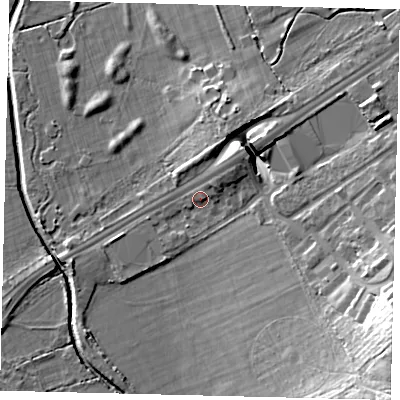 Shaded relief map of the ground around SW153PG, computed from Environment Agency LiDAR. The ground here sits at about 12 m above sea level and falls 25 m across the surrounding 800 m. Surface water reaching this point runs off ground lying to the north-east, 4.1 m higher.