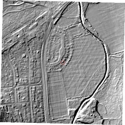 Shaded relief map of the ground around SW153PL, computed from Environment Agency LiDAR. The ground here sits at about 11 m above sea level and falls 18 m across the surrounding 800 m. Surface water reaching this point runs off ground lying to the west-south-west, 1.3 m higher.