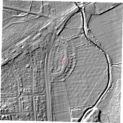Shaded relief map of the ground around SW153PN, computed from Environment Agency LiDAR. The ground here sits at about 11 m above sea level and falls 20 m across the surrounding 800 m. Surface water reaching this point runs off ground lying to the south-south-west, 2.6 m higher.