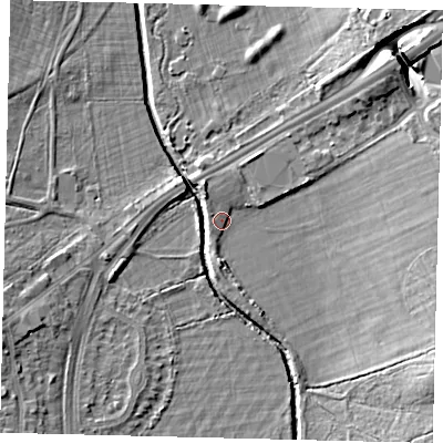 Shaded relief map of the ground around SW153PQ, computed from Environment Agency LiDAR. The ground here sits at about 10 m above sea level and falls 10 m across the surrounding 800 m. Surface water reaching this point runs off ground lying to the north-north-west, 2.4 m higher.