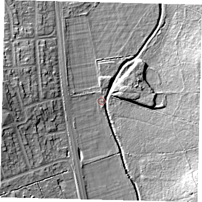 Shaded relief map of the ground around SW153QF, computed from Environment Agency LiDAR. The ground here sits at about 11 m above sea level and falls 13 m across the surrounding 800 m. Surface water reaching this point runs off ground lying to the west, 13.0 m higher.