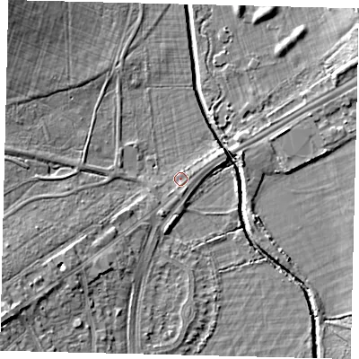 Shaded relief map of the ground around SW153RS, computed from Environment Agency LiDAR. The ground here sits at about 10 m above sea level and falls 12 m across the surrounding 800 m. Surface water reaching this point runs off ground lying to the south-west, 7.9 m higher.