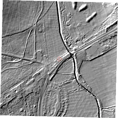 Shaded relief map of the ground around SW153RT, computed from Environment Agency LiDAR. The ground here sits at about 10 m above sea level and falls 11 m across the surrounding 800 m. Surface water reaching this point runs off ground lying to the east-north-east, 1.1 m higher.