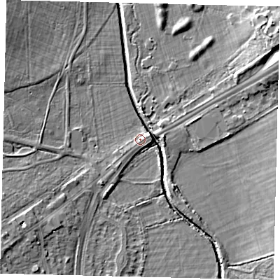 Shaded relief map of the ground around SW153RU, computed from Environment Agency LiDAR. The ground here sits at about 11 m above sea level and falls 10 m across the surrounding 800 m. Surface water reaching this point runs off ground lying to the east-north-east, 2.2 m higher.
