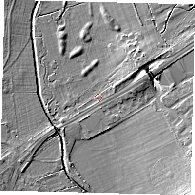 Shaded relief map of the ground around SW153RX, computed from Environment Agency LiDAR. The ground here sits at about 11 m above sea level and falls 15 m across the surrounding 800 m. Surface water reaching this point runs off ground lying to the east-north-east, 5.7 m higher.