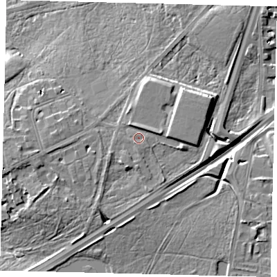 Shaded relief map of the ground around SW153TU, computed from Environment Agency LiDAR. The ground here sits at about 53 m above sea level and falls 13 m across the surrounding 800 m. Surface water reaching this point runs off ground lying to the north, 1.8 m higher.