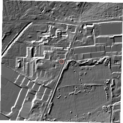 Shaded relief map of the ground around SW155JQ, computed from Environment Agency LiDAR. The ground here sits at about 16 m above sea level and falls 20 m across the surrounding 800 m. Surface water reaching this point runs off ground lying to the south-south-west, 1.7 m higher.