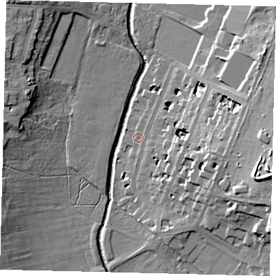 Shaded relief map of the ground around SW155JU, computed from Environment Agency LiDAR. The ground here sits at about 8 m above sea level and falls 22 m across the surrounding 800 m. Surface water reaching this point runs off ground lying to the east, 5.7 m higher.