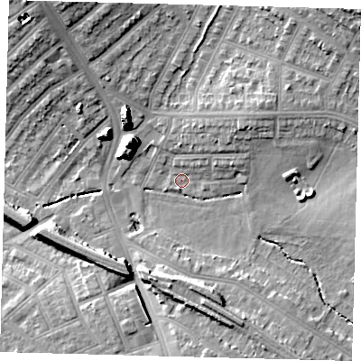 Shaded relief map of the ground around SW163LG, computed from Environment Agency LiDAR. The ground here sits at about 33 m above sea level and falls 18 m across the surrounding 800 m. Surface water reaching this point runs off ground lying to the north-east, 2.9 m higher.