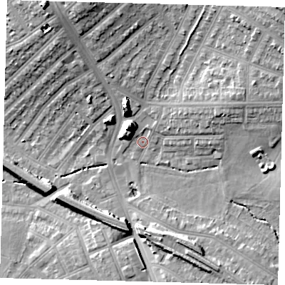 Shaded relief map of the ground around SW163LL, computed from Environment Agency LiDAR. The ground here sits at about 33 m above sea level and falls 18 m across the surrounding 800 m. Surface water reaching this point runs off ground lying to the north-west, 12.6 m higher.