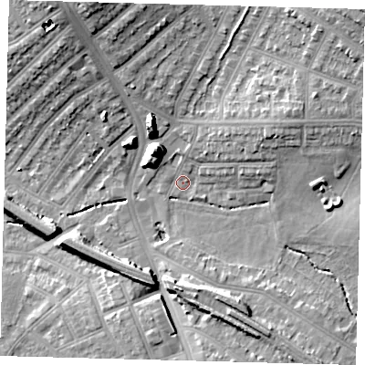 Shaded relief map of the ground around SW163LN, computed from Environment Agency LiDAR. The ground here sits at about 33 m above sea level and falls 18 m across the surrounding 800 m. Surface water reaching this point runs off ground lying to the north-west, 14.0 m higher.