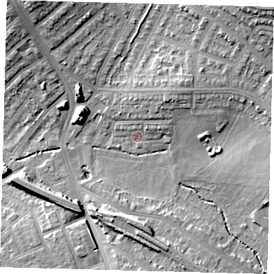 Shaded relief map of the ground around SW163LP, computed from Environment Agency LiDAR. The ground here sits at about 34 m above sea level and falls 20 m across the surrounding 800 m. Surface water reaching this point runs off ground lying to the east-north-east, 4.5 m higher.