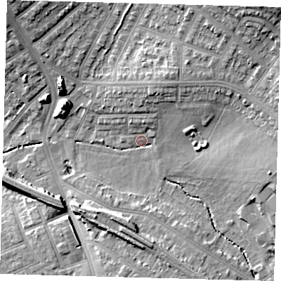Shaded relief map of the ground around SW163LQ, computed from Environment Agency LiDAR. The ground here sits at about 34 m above sea level and falls 19 m across the surrounding 800 m. Surface water reaching this point runs off ground lying to the north-north-east, 9.9 m higher.