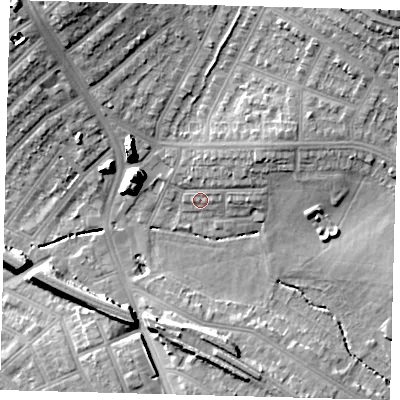 Shaded relief map of the ground around SW163LW, computed from Environment Agency LiDAR. The ground here sits at about 34 m above sea level and falls 21 m across the surrounding 800 m. Surface water reaching this point runs off ground lying to the north-east, 7.3 m higher.