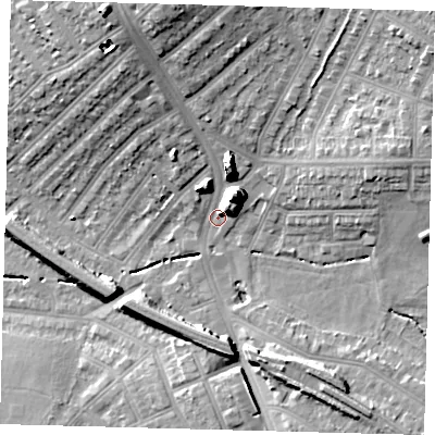 Shaded relief map of the ground around SW163PH, computed from Environment Agency LiDAR. The ground here sits at about 33 m above sea level and falls 19 m across the surrounding 800 m. Surface water reaching this point runs off ground lying to the north-north-east, 15.1 m higher.