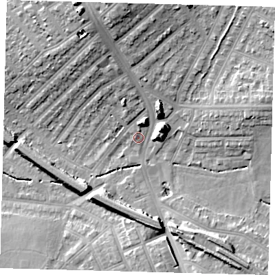 Shaded relief map of the ground around SW163QL, computed from Environment Agency LiDAR. The ground here sits at about 34 m above sea level and falls 19 m across the surrounding 800 m. Surface water reaching this point runs off ground lying to the north-north-west, 14.8 m higher.